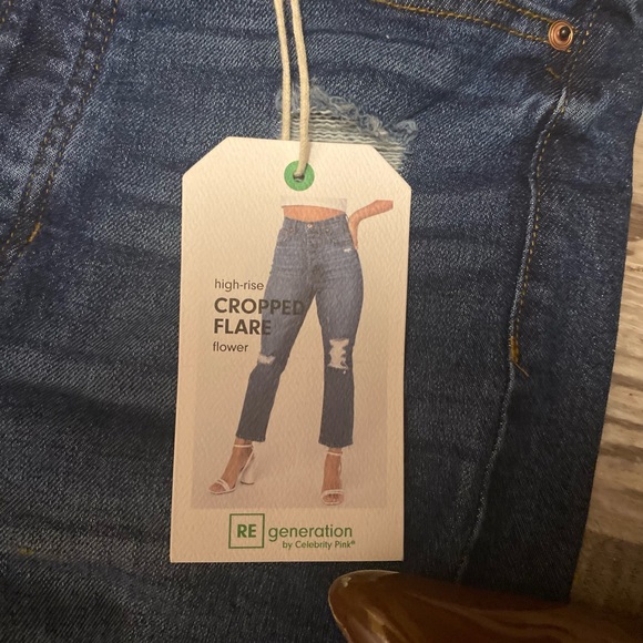 RE Generation High Rise Cropped Flare “Flower” Distressed Jeans, Dark Denim, - Picture 8 of 16